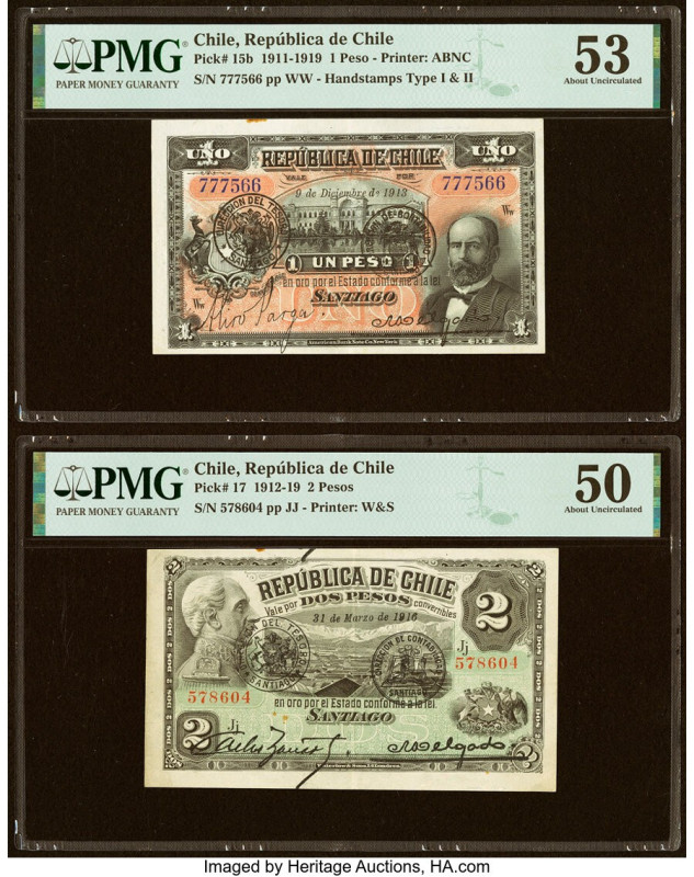 Chile Republica de Chile 1; 2 Pesos 9.12.1913; 31.3.1916 Pick 15b; 17 Two Exampl...