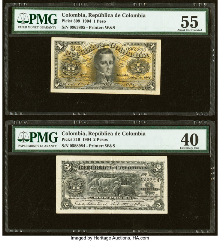 Colombia Banco de la Republica 1; 2 Pesos 1904 Pick 309; 310 Two Examples PMG Ab...