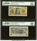 Colombia Banco de la Republica 1; 2 Pesos 1904 Pick 309; 310 Two Examples PMG About Uncirculated 55; Extremely Fine 40. Minor rust is noted on Pick 31...