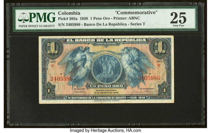 Colombia Banco de la Republica 1 Peso Oro 6.8.1938 Pick 385a Commemorative PMG V...