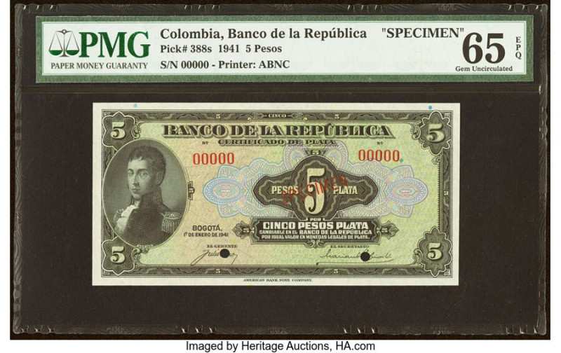 Colombia Banco de la Republica 5 Pesos 1.1.941 Pick 388s Specimen PMG Gem Uncirc...