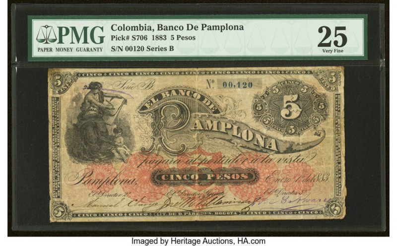 Colombia Banco de Pamplona 5 Pesos 1.1.1883 Pick S706 PMG Very Fine 25. Splits a...