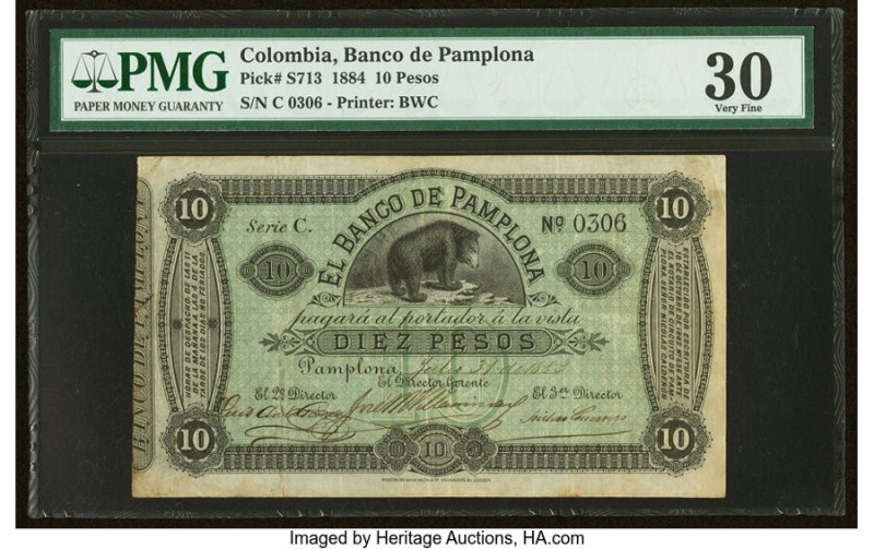 Colombia Banco de Pamplona 10 Pesos 1884 Pick S713 PMG Very Fine 30. HID09801242...