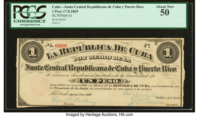 Cuba Republica de Cuba 1 Peso 17.8.1869 Pick 61 PCGS About New 50. HID0980124201...