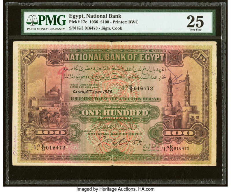 Egypt National Bank of Egypt 100 Pounds 4.6.1936 Pick 17c PMG Very Fine 25. Anno...