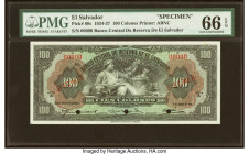 El Salvador Banco Central de Reserva de El Salvador 100 Colones 31.8.1934 Pick 80s Specimen PMG Gem Uncirculated 66 EPQ. Three POCs are present. HID09...