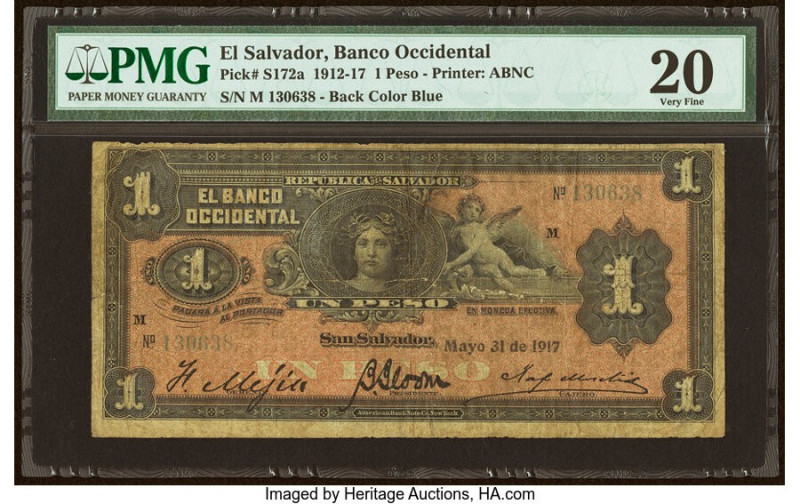El Salvador Banco Occidental 1 Peso 31.5.1917 Pick S172a PMG Very Fine 20. HID09...
