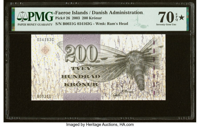 Faeroe Islands Foroyar 200 Kronur 2003 Pick 26 PMG Seventy Gem Unc 70 EPQ S. HID...