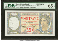 French Somaliland Banque de l'Indochine, Djibouti 20 Francs ND (1928-38) Pick 7As Specimen PMG Gem Uncirculated 65 EPQ. A Specimen perforation is pres...