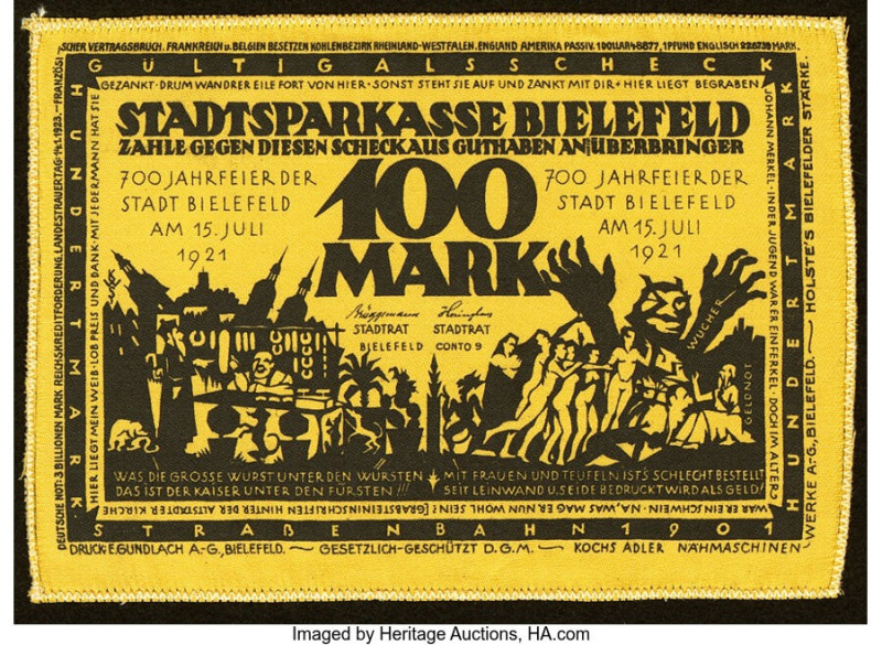 Germany Silk Notgeld, Bielefeld 100 Mark 15.7.1921 Pick Unlisted NGM05 1c-ns' Cr...