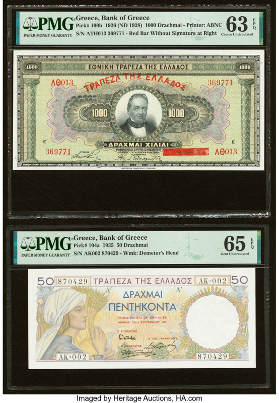 Greece Bank of Greece 1000; 50 Drachmai 1926 (ND 1928); 1935 Pick 100b; 104a Two...