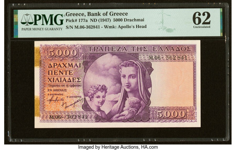 Greece Bank of Greece 5000 Drachmai ND (1947) Pick 177a PMG Uncirculated 62. Pre...