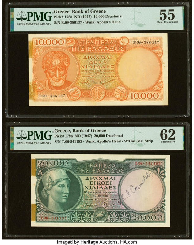 Greece Bank of Greece 10,000; 20,000 Drachmai ND (1947) Pick 178a; 179a Two Exam...