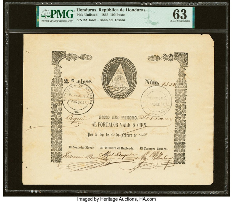 Honduras Republica de Honduras 100 Pesos 10.2.1866 Pick UNL PMG Choice Uncircula...