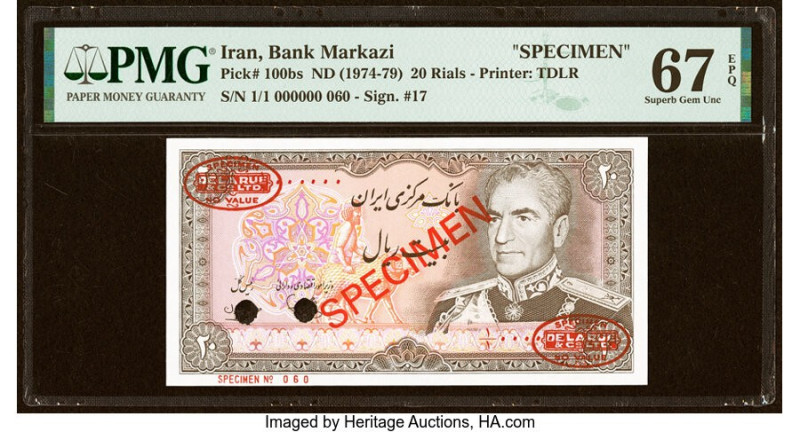Iran Bank Markazi 20 Rials ND (1974-79) Pick 100bs Specimen PMG Superb Gem Unc 6...
