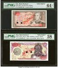 Iran Bank Markazi 20; 100 Rials ND (1974-79); (ca. 1980) Pick 100s; 188bs Two Specimen PMG Choice Uncirculated 64 Net; Choice About Unc 58. Previous m...