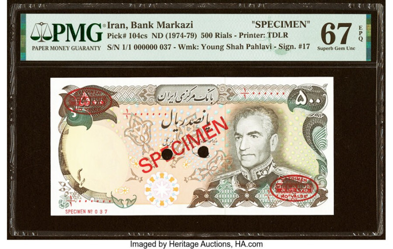 Iran Bank Markazi 500 Rials ND (1974-79) Pick 104cs Specimen PMG Superb Gem Unc ...