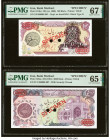 Iran Bank Markazi 100; 5000 Rials ND (ca. 1980); (1981) Pick 118bs; 130as Two Specimen PMG Superb Gem Unc 67 EPQ; Gem Uncirculated 65 EPQ. Two POCs ar...
