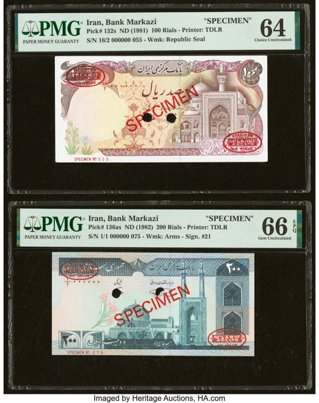 Iran Bank Markazi 100; 200 Rials ND (1981); (1982) Pick 132s; 136as Two Specimen...