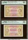 Malta Government of Malta 1 Pound ND (1940) Pick 20b; 20c Two Examples PMG Choice Uncirculated 64; About Uncirculated 53. A minor split is noted on Pi...
