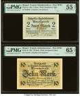 Memel Chamber of Commerce 2; 10; 100 Mark 22.2.1922 Pick 3a; 5a; 9 Three Examples PMG Very Fine 30; About Uncirculated 55 EPQ; Gem Uncirculated 65 EPQ...