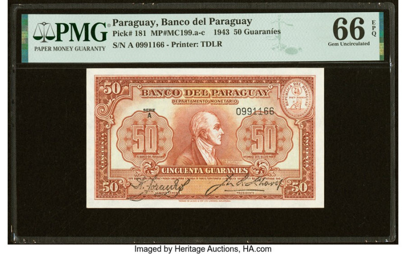 Paraguay Banco del Paraguay 50 Guaranies 1943 Pick 181 PMG Gem Uncirculated 66 E...