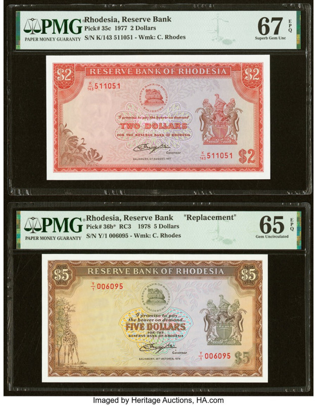 Rhodesia Reserve Bank of Rhodesia 2; 5 Dollars 5.8.1977; 20.10.1978 Pick 35c; 36...