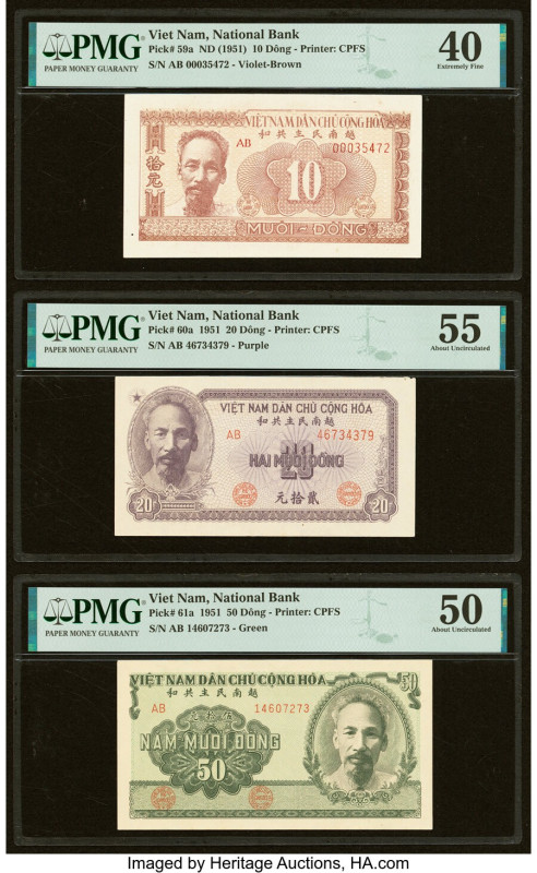 Vietnam National Bank of Viet Nam 10; 20; 50 Dong ND (1951) Pick 59a; 60a; 61a T...