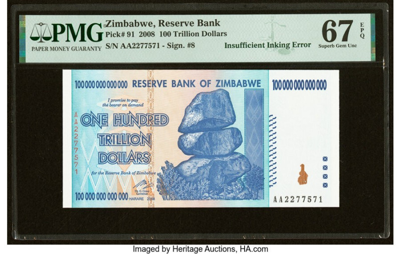 Insufficient Inking Error Zimbabwe Reserve Bank of Zimbabwe 100 Trillion Dollars...