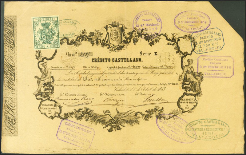 CREDITO CASTELLANO. 10060 Reales de Vellón. 21 de Febrero de 1862. Serie E y div...