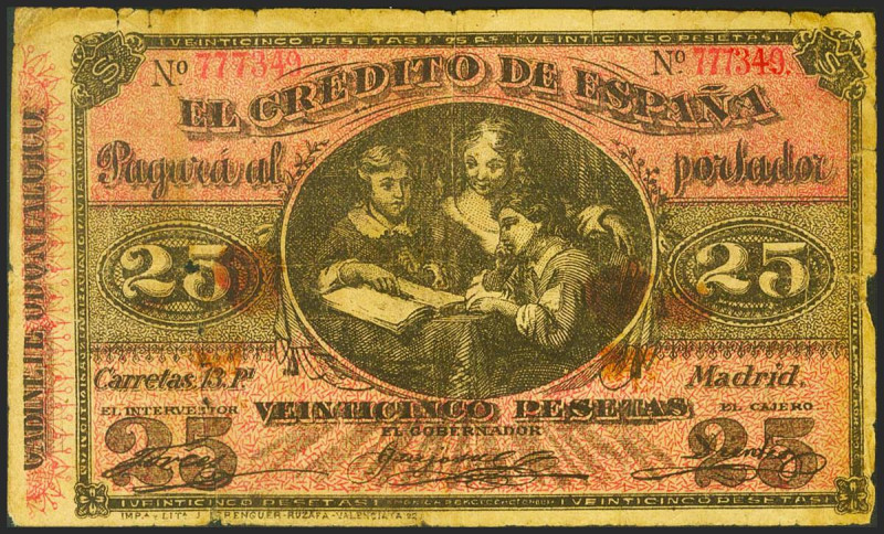 25 Pesetas. 1884. Billete Publicitario de un Gabinete Odontálgico, con numeració...
