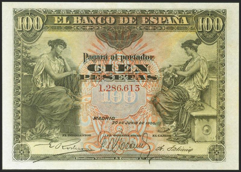 100 Pesetas. 15 de Julio de 1907. Sin serie. (Edifil 2021: 313). MBC+.