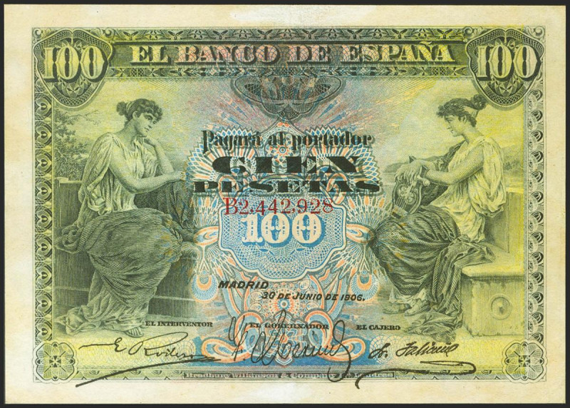 100 Pesetas. 30 de Junio de 1906. Serie B. (Edifil 2021: 313a). Puntito de grapa...