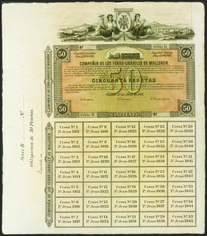 COMPAÑIA DE LOS FERROCARRILES (MALLORCA). Obligación de 50 Pesetas. 1911. Raro, ...