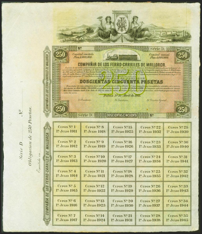 COMPAÑIA DE LOS FERROCARRILES (MALLORCA). Obligación de 250 Pesetas. 1911. Raro,...