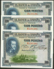 Conjunto de 3 billetes correlativos de 100 Pesetas emitidos el 1 de Julio de 1925 con la serie F (Edifil 2021: 350), conservando todo su apresto origi...