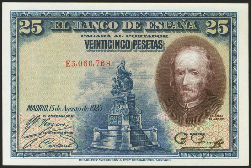 25 Pesetas. 15 de Agosto de 1928. Serie E. (Edifil 2021: 353). Apresto original....