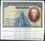 Precioso conjunto de 10 billetes correlativos de 25 Pesetas emitidos el 15 de Agosto de 1928 con la serie C (Edifil 2021: 353), conservando todo su ap...