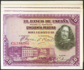 Conjunto de 10 billetes correlativos y en diferentes tramos de 50 Pesetas emitidos el 15 de Agosto de 1928 y con la serie C (Edifil 2021: 354), conser...