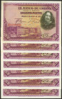 Conjunto de 7 billetes en tramos correlativos de 50 Pesetas emitidos el 15 de Agosto de 1928, con la serie E (Edifil 2021: 354), conservan gran parte ...