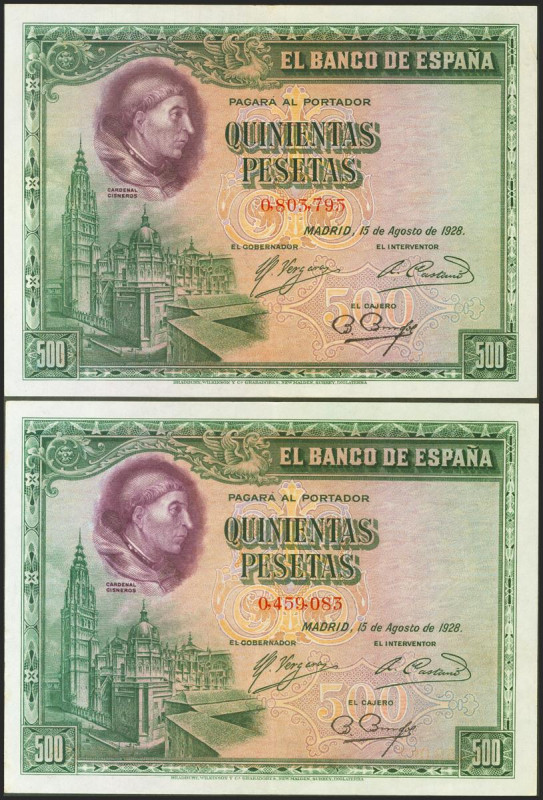 Conjunto de 2 billetes de 500 Pesetas emitidos el 15 de Agosto de 1928, sin seri...