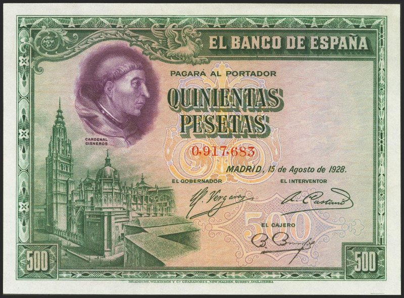 500 Pesetas. 15 de Agosto de 1928. Sin serie. (Edifil 2021: 356, Pick: 77a). Con...