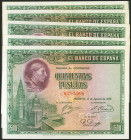 Precioso conjunto de 5 billetes correlativos de 500 Pesetas emitidos el 15 de Agosto de 1928, sin serie (Edifil 2021: 356), conservando todo su aprest...