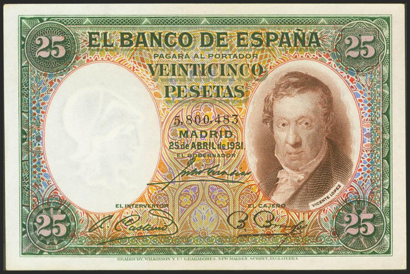 25 Pesetas. 25 de Abril de 1931. Sin serie. (Edifil 2021: 358). Inusual en esta ...