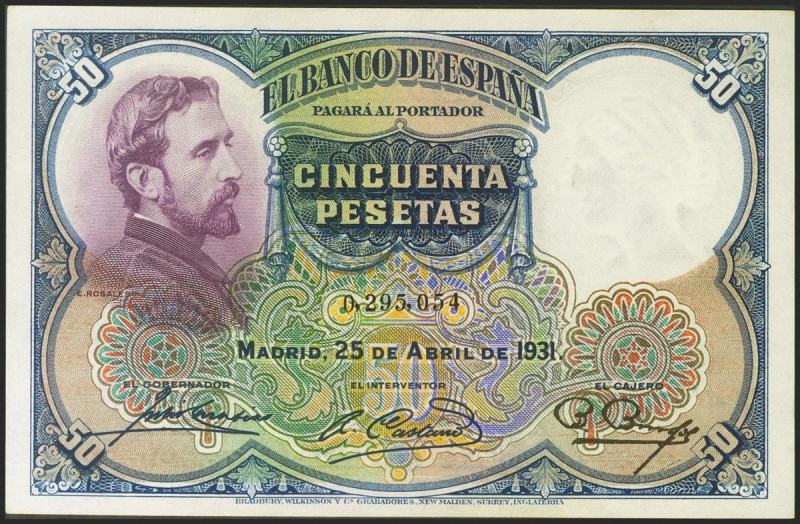 50 Pesetas. 25 de Abril de 1931. Sin serie. (Edifil 2021: 359). Apresto original...