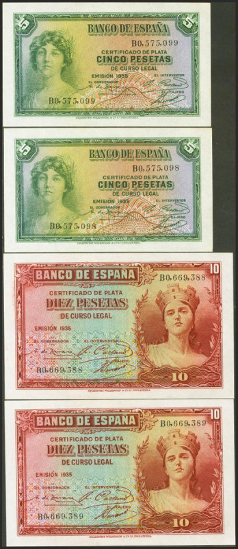 5 Pesetas y 10 Pesetas. 1935. Parejas correlativas. Certificado de Plata. Series...