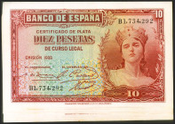 Conjunto de 8 billetes correlativos de 10 Pesetas Certificado de Plata emitidos en 1935 y con la serie B (Edifil 2021: 364a), conservando todo su apre...