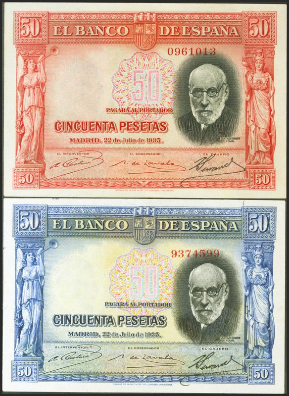 Conjunto de 2 billetes de 50 Pesetas emitidos el 22 de Julio de 1935 y sin serie...