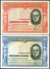 Conjunto de 2 billetes de 50 Pesetas emitidos el 22 de Julio de 1935 y sin serie, ambos alterados químicamente. (Edifil 2021: 366). MBC+.