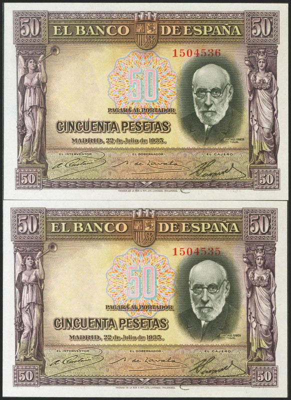 50 Pesetas. 22 de Julio de 1935. Pareja correlativa. Sin serie. (Edifil 2021: 36...